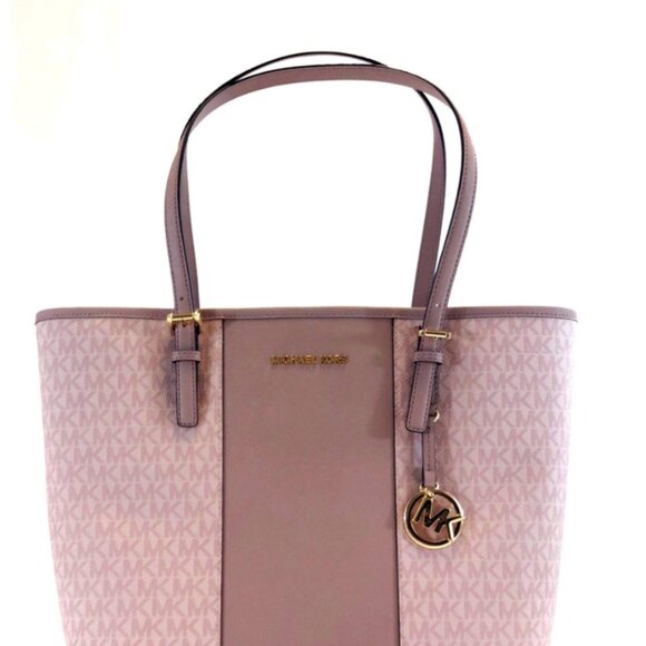 Michael Kors STRIPE JET SET MEDIUM CARRYALL SIGNATURE FAWN BALLET - Picture 1 of 16